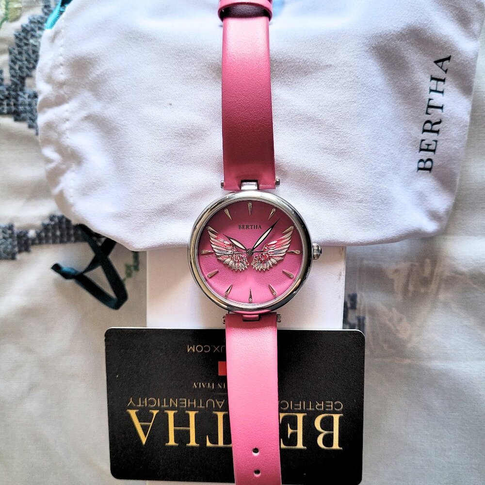 Bertha Women's 3D Angel Wings Pink Leather Watch